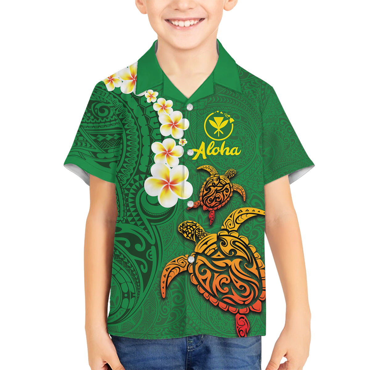 Hawaii Turtle Plumeria Flower Family Matching Long Sleeve Bodycon Dress and Hawaiian Shirt Polynesian Pattern Green Color