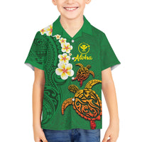 Hawaii Turtle Plumeria Flower Family Matching Long Sleeve Bodycon Dress and Hawaiian Shirt Polynesian Pattern Green Color