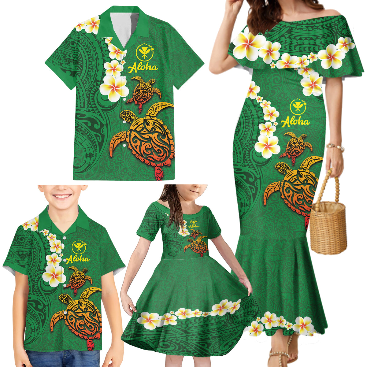 Hawaii Turtle Plumeria Flower Family Matching Mermaid Dress and Hawaiian Shirt Polynesian Pattern Green Color