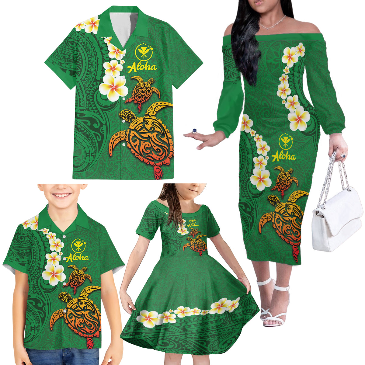 Hawaii Turtle Plumeria Flower Family Matching Off The Shoulder Long Sleeve Dress and Hawaiian Shirt Polynesian Pattern Green Color