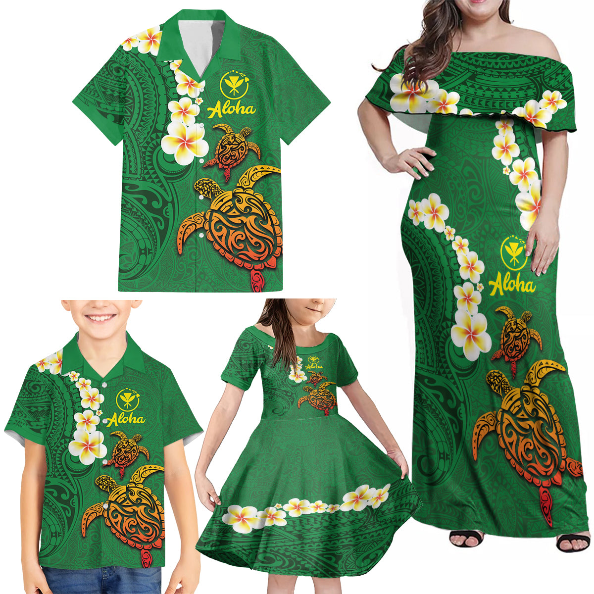 Hawaii Turtle Plumeria Flower Family Matching Off Shoulder Maxi Dress and Hawaiian Shirt Polynesian Pattern Green Color