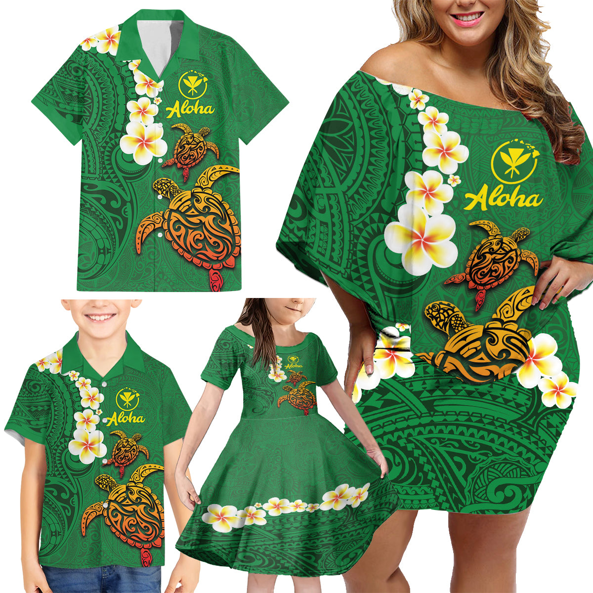 Hawaii Turtle Plumeria Flower Family Matching Off Shoulder Short Dress and Hawaiian Shirt Polynesian Pattern Green Color