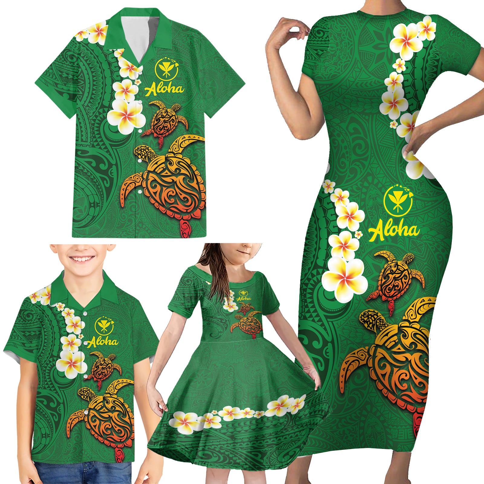 Hawaii Turtle Plumeria Flower Family Matching Short Sleeve Bodycon Dress and Hawaiian Shirt Polynesian Pattern Green Color