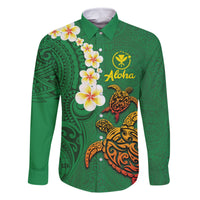 Hawaii Turtle Plumeria Flower Family Matching Tank Maxi Dress and Hawaiian Shirt Polynesian Pattern Green Color