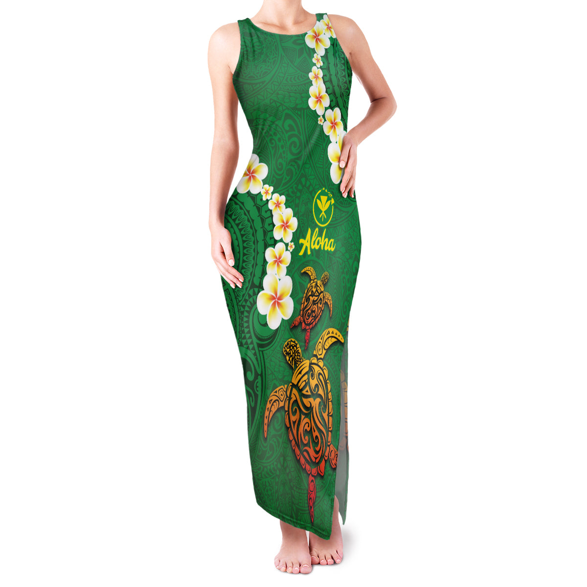 Hawaii Turtle Plumeria Flower Family Matching Tank Maxi Dress and Hawaiian Shirt Polynesian Pattern Green Color