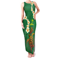 Hawaii Turtle Plumeria Flower Family Matching Tank Maxi Dress and Hawaiian Shirt Polynesian Pattern Green Color