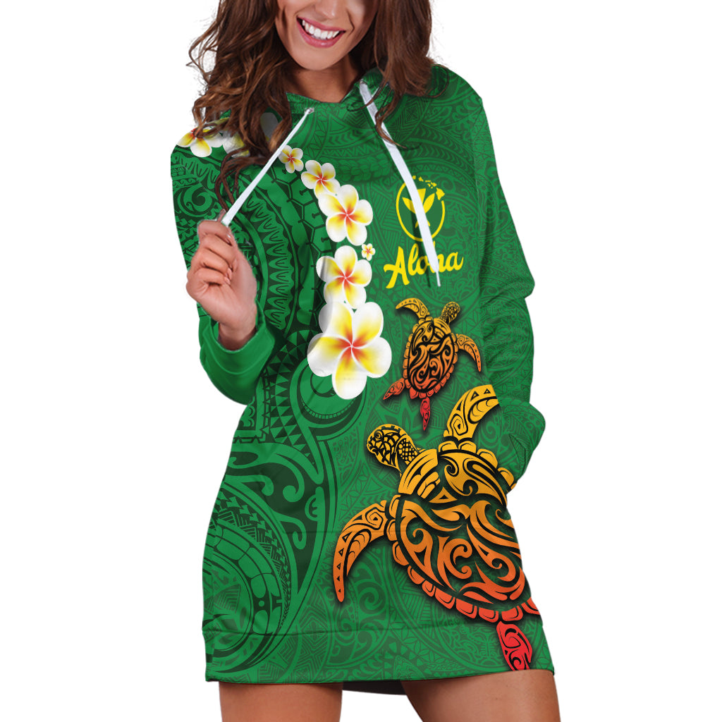 Hawaii Turtle Plumeria Flower Hoodie Dress Polynesian Pattern Green Color