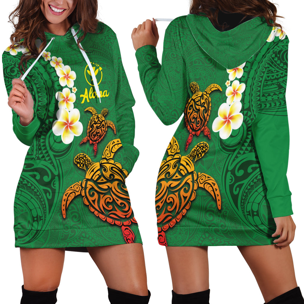 Hawaii Turtle Plumeria Flower Hoodie Dress Polynesian Pattern Green Color LT03 - Polynesian Pride