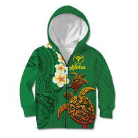Hawaii Turtle Plumeria Flower Kid Hoodie Polynesian Pattern Green Color