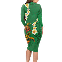 Hawaii Turtle Plumeria Flower Long Sleeve Bodycon Dress Polynesian Pattern Green Color