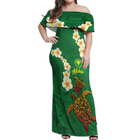 Hawaii Turtle Plumeria Flower Off Shoulder Maxi Dress Polynesian Pattern Green Color LT03 Women Green - Polynesian Pride