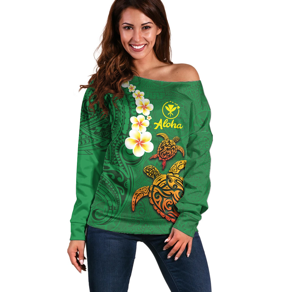 Hawaii Turtle Plumeria Flower Off Shoulder Sweater Polynesian Pattern Green Color