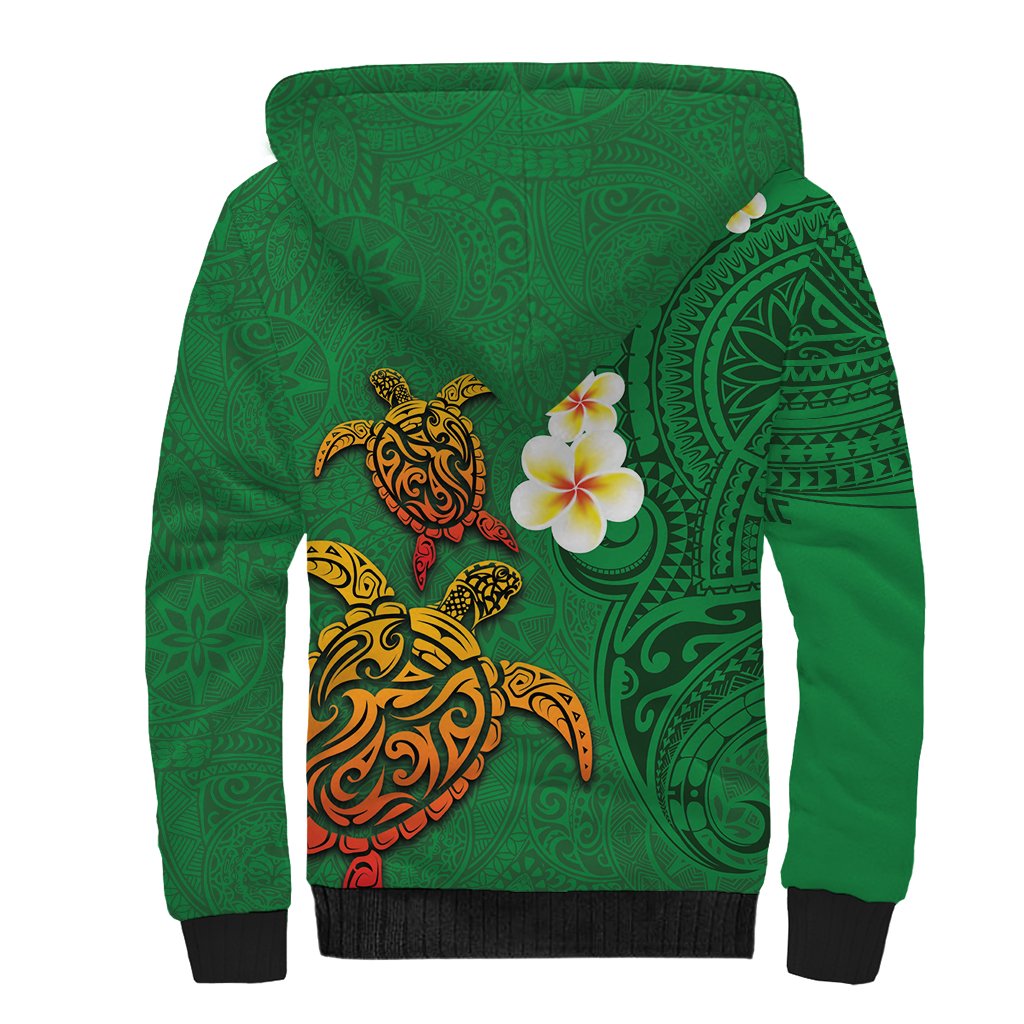 Hawaii Turtle Plumeria Flower Sherpa Hoodie Polynesian Pattern Green Color LT03 - Polynesian Pride
