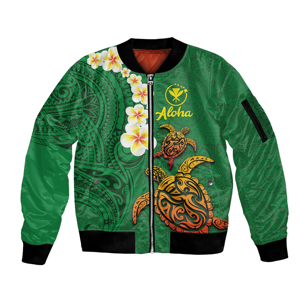 Hawaii Turtle Plumeria Flower Sleeve Zip Bomber Jacket Polynesian Pattern Green Color LT03 Unisex Green - Polynesian Pride