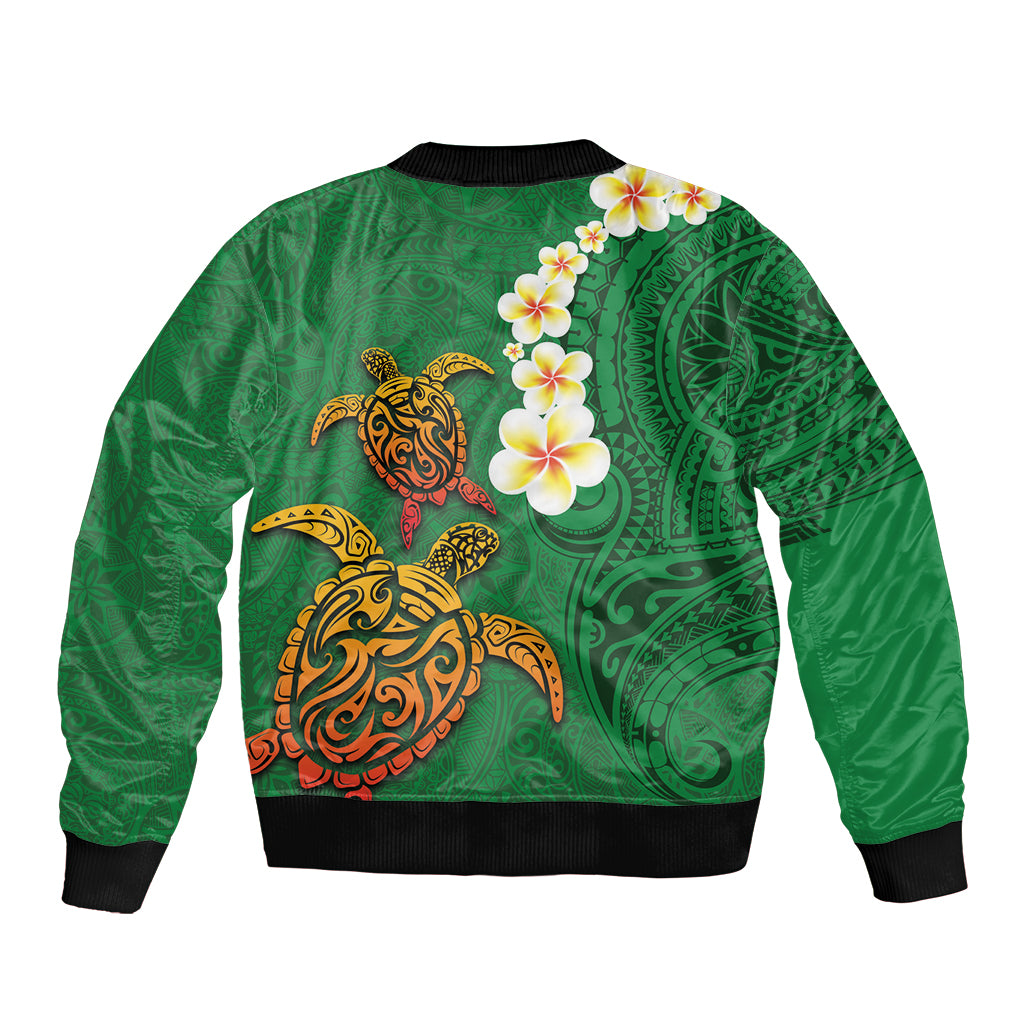 Hawaii Turtle Plumeria Flower Sleeve Zip Bomber Jacket Polynesian Pattern Green Color LT03 - Polynesian Pride