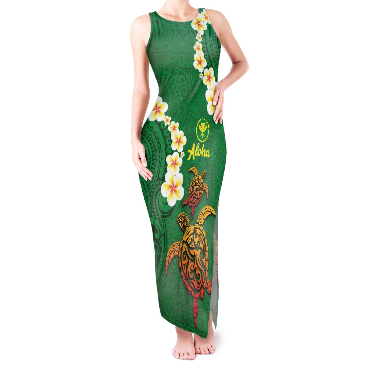 Hawaii Turtle Plumeria Flower Tank Maxi Dress Polynesian Pattern Green Color