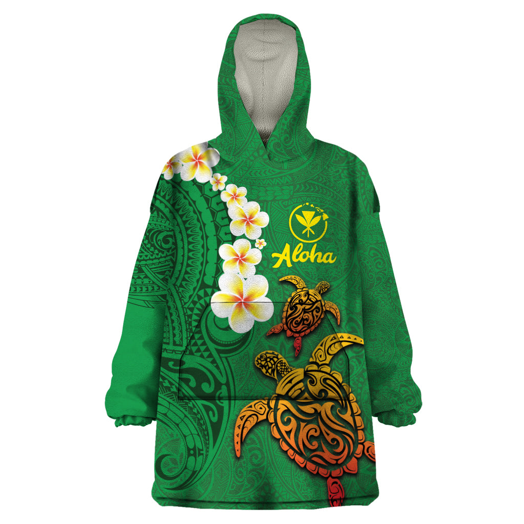 Hawaii Turtle Plumeria Flower Wearable Blanket Hoodie Polynesian Pattern Green Color