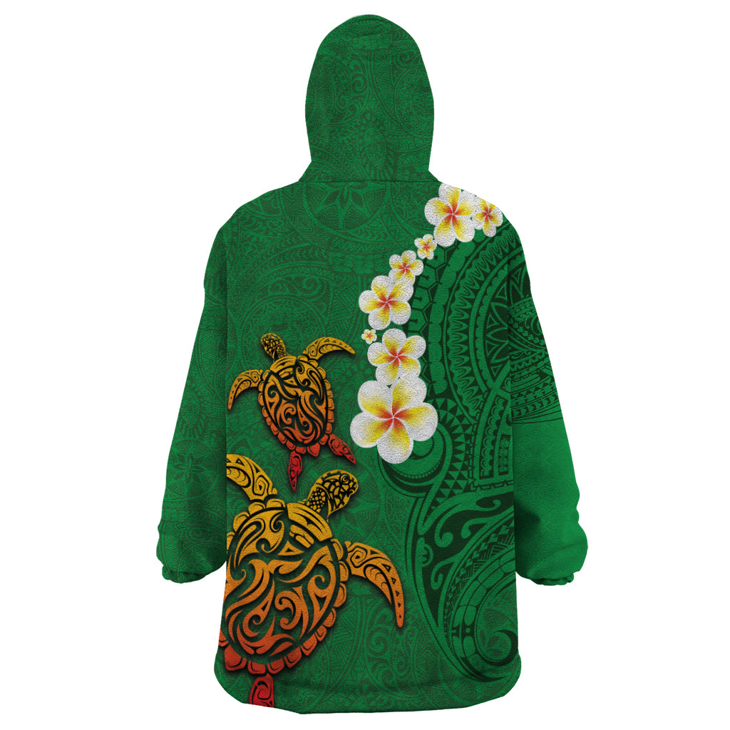 Hawaii Turtle Plumeria Flower Wearable Blanket Hoodie Polynesian Pattern Green Color LT03 - Polynesian Pride