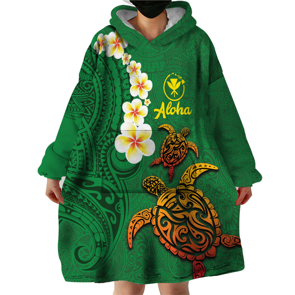 Hawaii Turtle Plumeria Flower Wearable Blanket Hoodie Polynesian Pattern Green Color LT03 - Polynesian Pride
