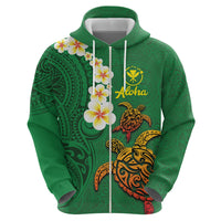 Hawaii Turtle Plumeria Flower Zip Hoodie Polynesian Pattern Green Color