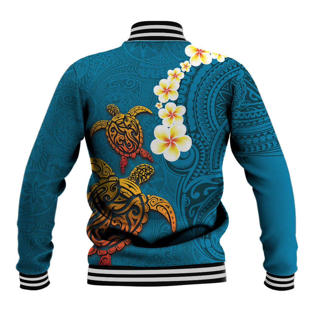 Hawaii Turtle Plumeria Flower Baseball Jacket Polynesian Pattern Blue Color LT03 - Polynesian Pride