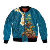 Hawaii Turtle Plumeria Flower Bomber Jacket Polynesian Pattern Blue Color LT03 Unisex Blue - Polynesian Pride