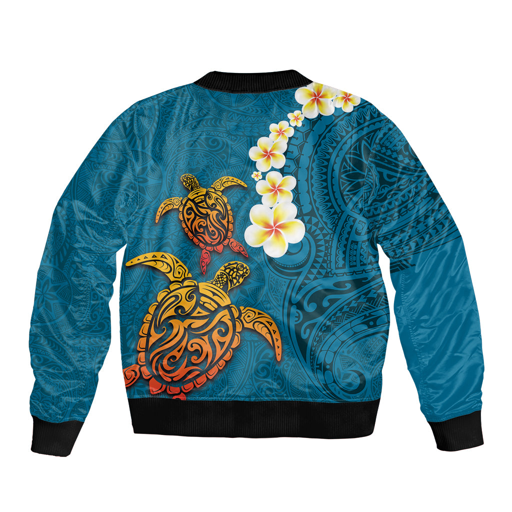 Hawaii Turtle Plumeria Flower Bomber Jacket Polynesian Pattern Blue Color LT03 - Polynesian Pride