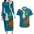 Hawaii Turtle Plumeria Flower Couples Matching Long Sleeve Bodycon Dress and Hawaiian Shirt Polynesian Pattern Blue Color