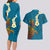 Hawaii Turtle Plumeria Flower Couples Matching Long Sleeve Bodycon Dress and Hawaiian Shirt Polynesian Pattern Blue Color