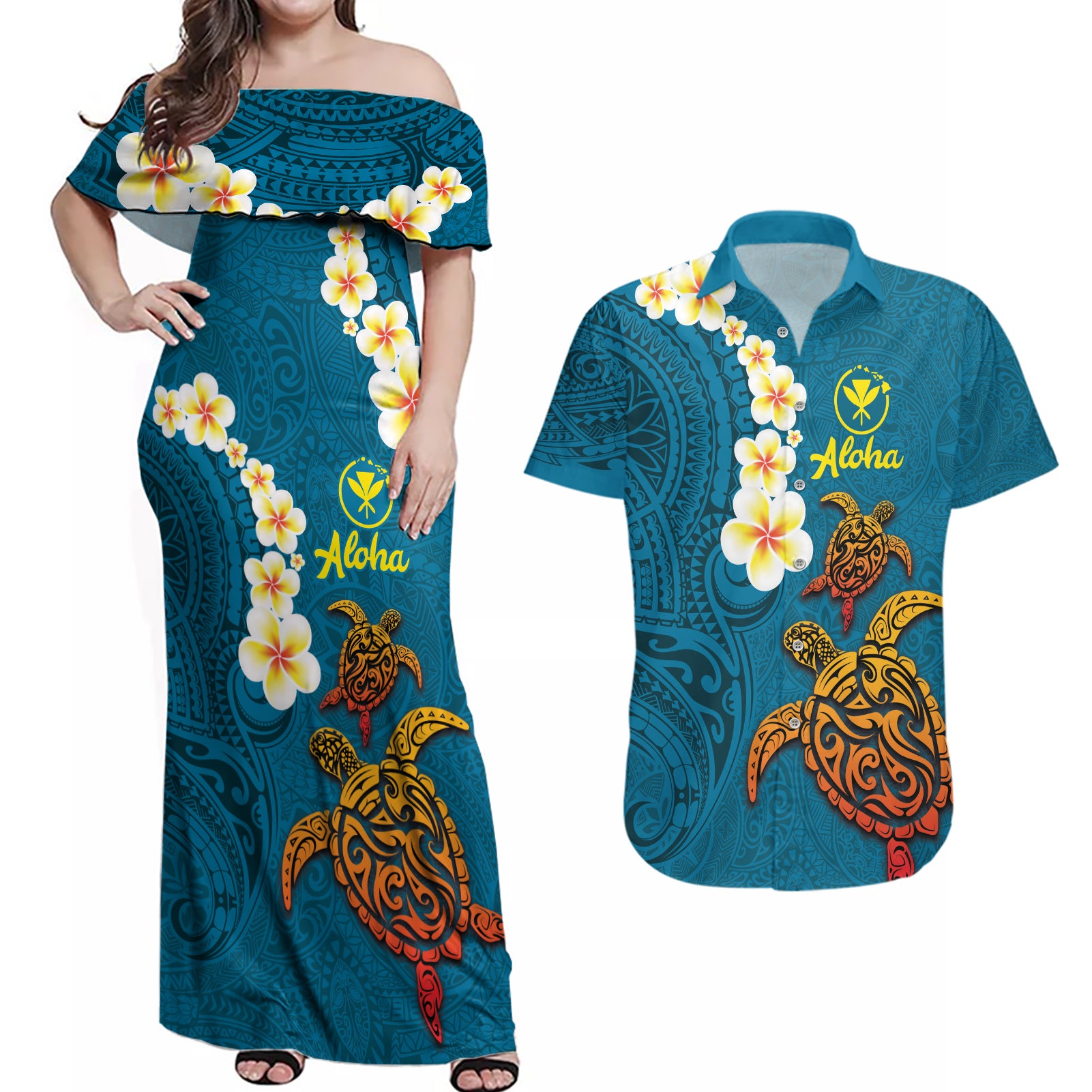 Hawaii Turtle Plumeria Flower Couples Matching Off Shoulder Maxi Dress and Hawaiian Shirt Polynesian Pattern Blue Color