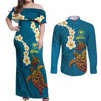 Hawaii Turtle Plumeria Flower Couples Matching Off Shoulder Maxi Dress and Long Sleeve Button Shirt Polynesian Pattern Blue Color LT03 Blue - Polynesian Pride