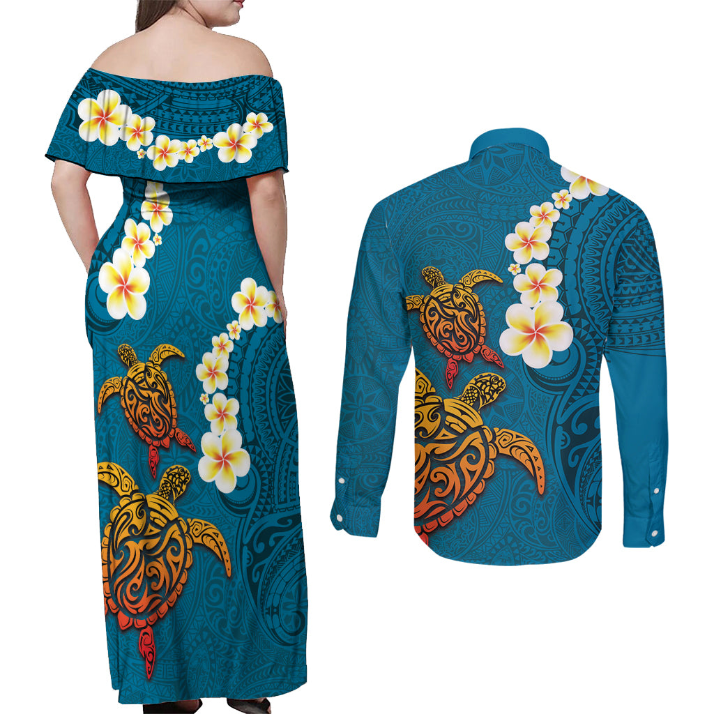 Hawaii Turtle Plumeria Flower Couples Matching Off Shoulder Maxi Dress and Long Sleeve Button Shirt Polynesian Pattern Blue Color LT03 - Polynesian Pride