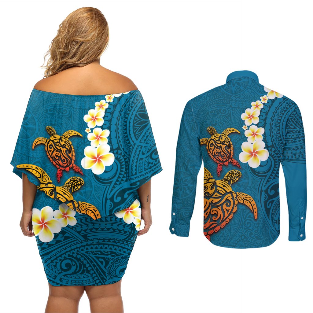 Hawaii Turtle Plumeria Flower Couples Matching Off Shoulder Short Dress and Long Sleeve Button Shirt Polynesian Pattern Blue Color LT03 - Polynesian Pride