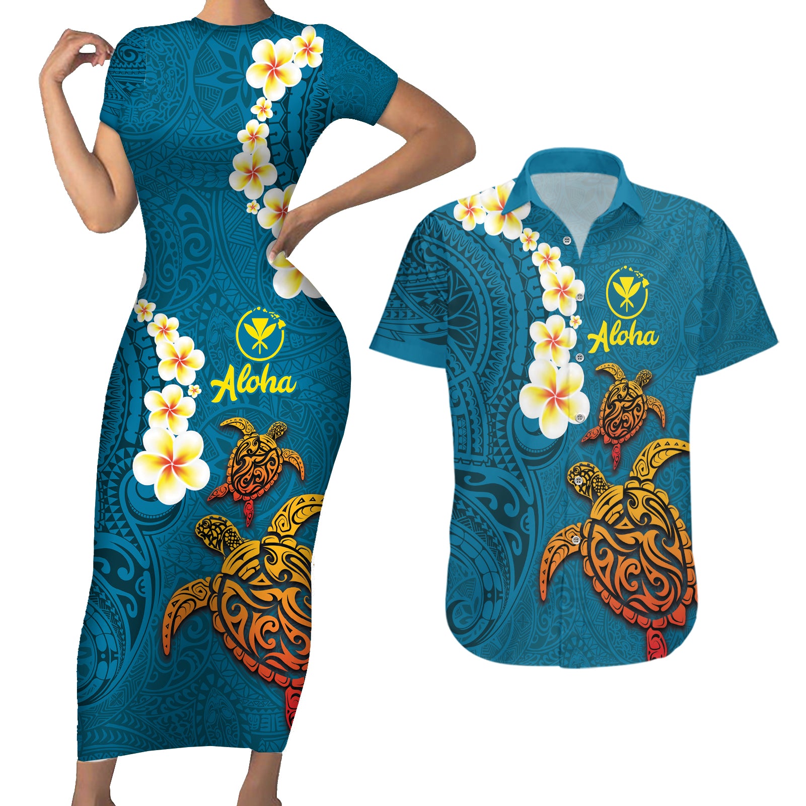 Hawaii Turtle Plumeria Flower Couples Matching Short Sleeve Bodycon Dress and Hawaiian Shirt Polynesian Pattern Blue Color