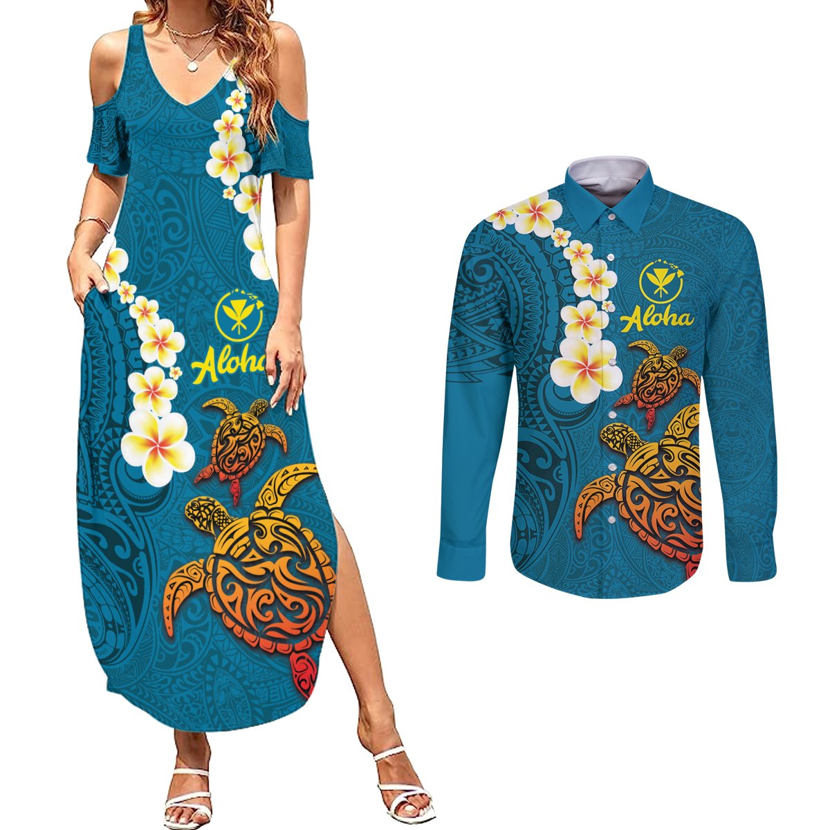 Hawaii Turtle Plumeria Flower Couples Matching Summer Maxi Dress and Long Sleeve Button Shirt Polynesian Pattern Blue Color LT03 Blue - Polynesian Pride