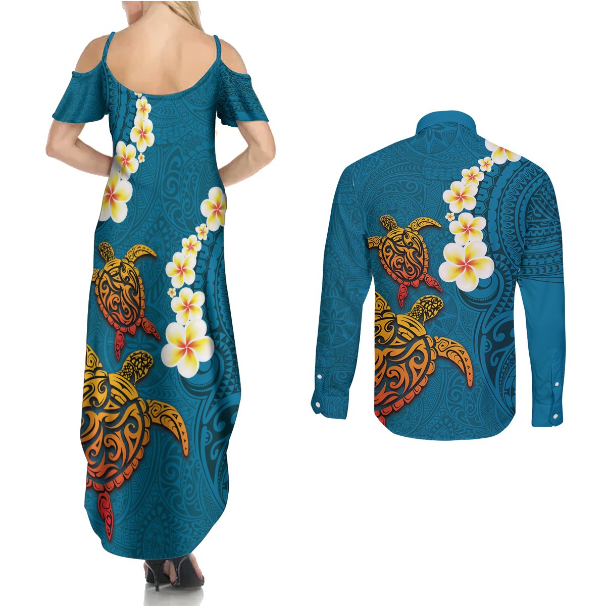 Hawaii Turtle Plumeria Flower Couples Matching Summer Maxi Dress and Long Sleeve Button Shirt Polynesian Pattern Blue Color LT03 - Polynesian Pride