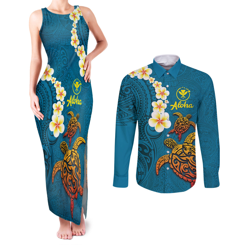 Hawaii Turtle Plumeria Flower Couples Matching Tank Maxi Dress and Long Sleeve Button Shirt Polynesian Pattern Blue Color LT03 Blue - Polynesian Pride