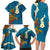 Hawaii Turtle Plumeria Flower Family Matching Long Sleeve Bodycon Dress and Hawaiian Shirt Polynesian Pattern Blue Color