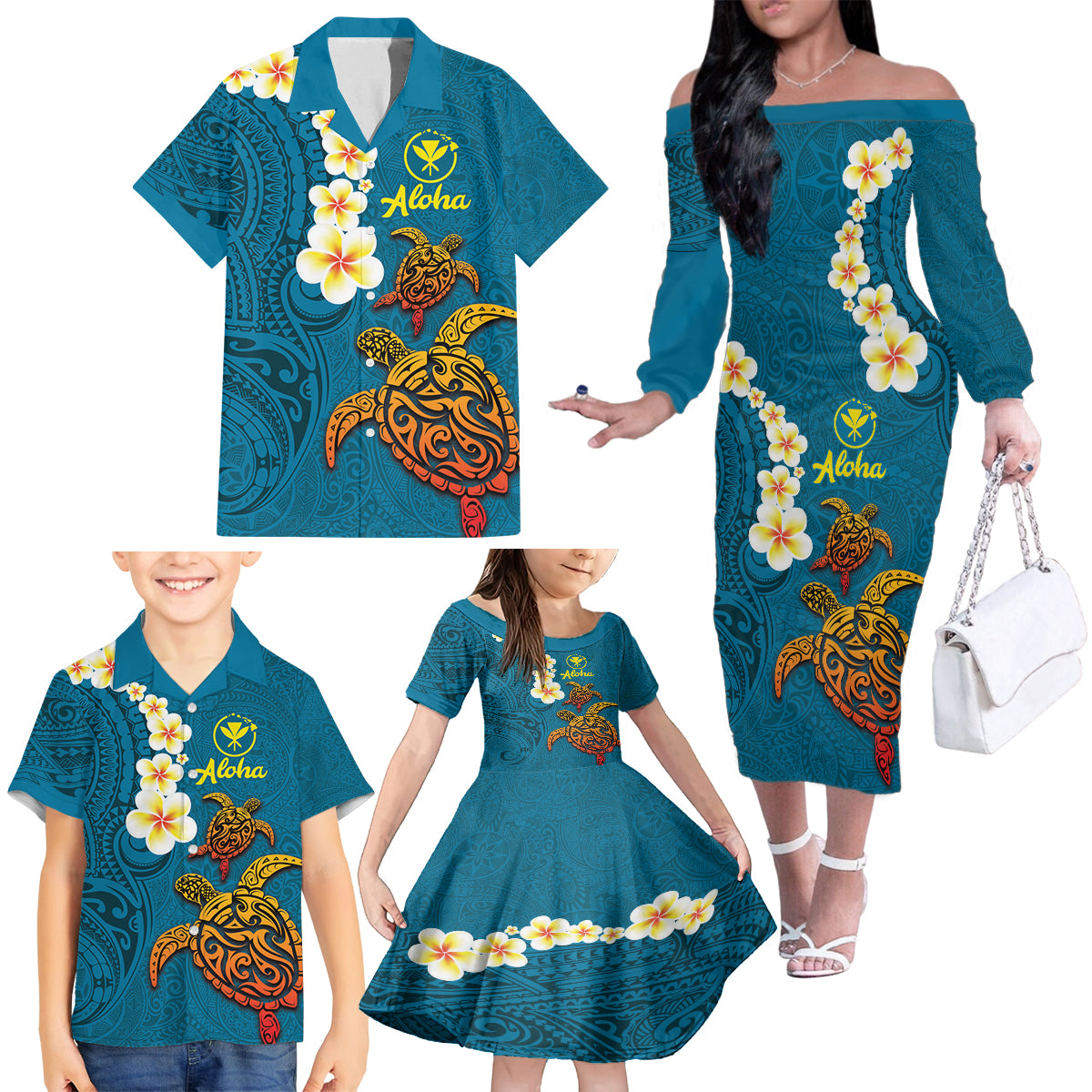 Hawaii Turtle Plumeria Flower Family Matching Off The Shoulder Long Sleeve Dress and Hawaiian Shirt Polynesian Pattern Blue Color