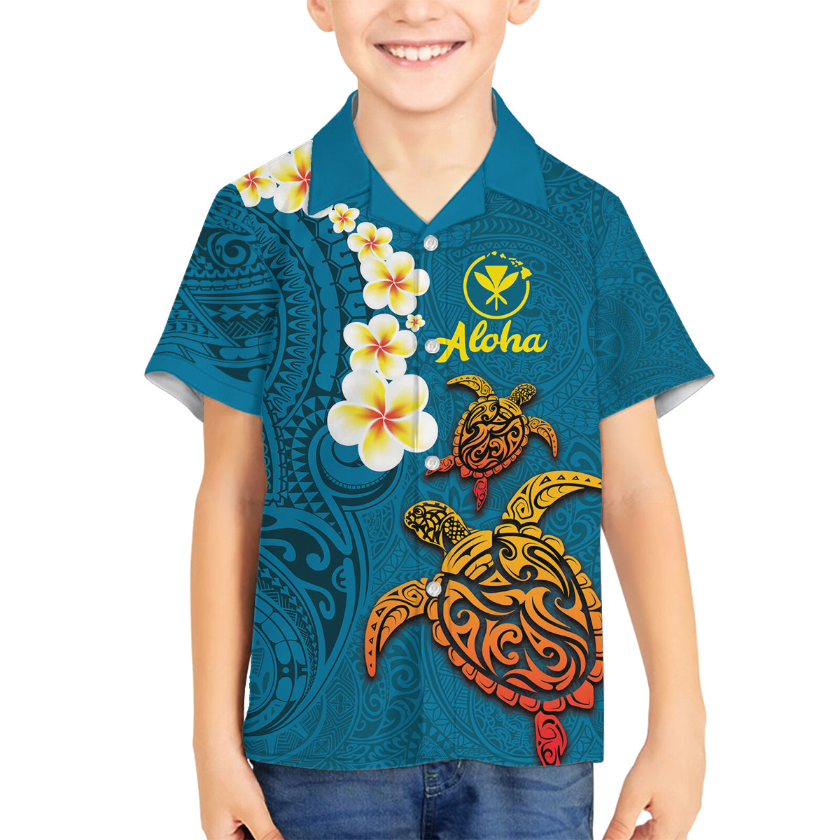 Hawaii Turtle Plumeria Flower Family Matching Off The Shoulder Long Sleeve Dress and Hawaiian Shirt Polynesian Pattern Blue Color