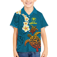 Hawaii Turtle Plumeria Flower Family Matching Off The Shoulder Long Sleeve Dress and Hawaiian Shirt Polynesian Pattern Blue Color