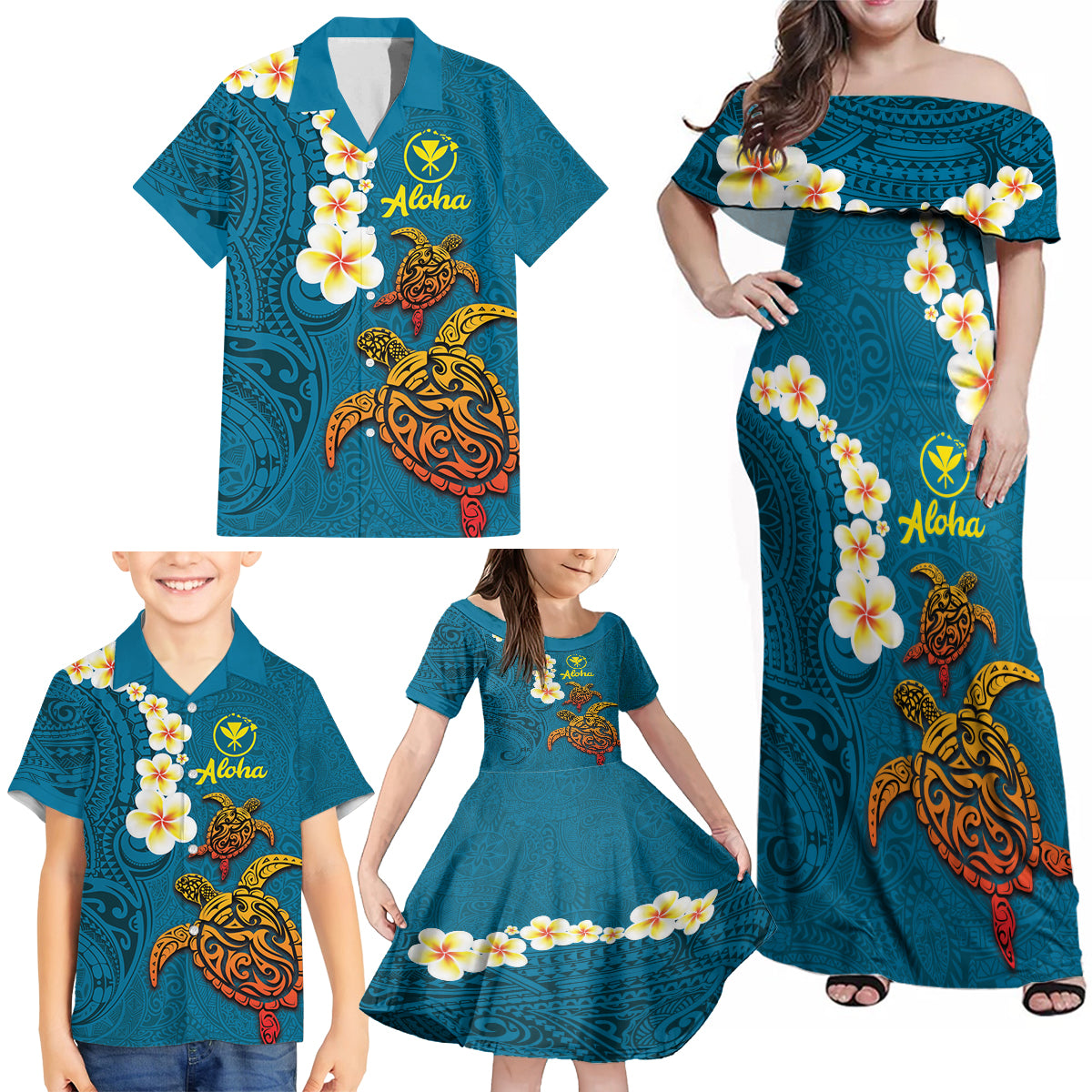 Hawaii Turtle Plumeria Flower Family Matching Off Shoulder Maxi Dress and Hawaiian Shirt Polynesian Pattern Blue Color