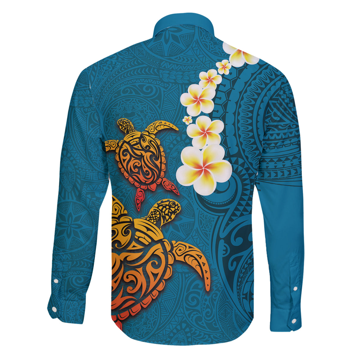 Hawaii Turtle Plumeria Flower Family Matching Off Shoulder Maxi Dress and Hawaiian Shirt Polynesian Pattern Blue Color