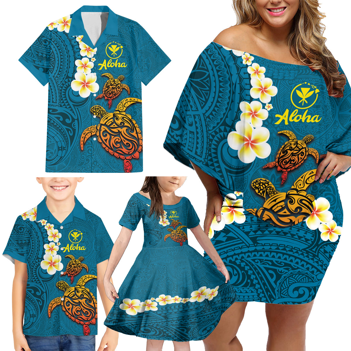 Hawaii Turtle Plumeria Flower Family Matching Off Shoulder Short Dress and Hawaiian Shirt Polynesian Pattern Blue Color