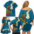 Hawaii Turtle Plumeria Flower Family Matching Off Shoulder Short Dress and Hawaiian Shirt Polynesian Pattern Blue Color