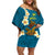 Hawaii Turtle Plumeria Flower Family Matching Off Shoulder Short Dress and Hawaiian Shirt Polynesian Pattern Blue Color