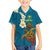 Hawaii Turtle Plumeria Flower Family Matching Off Shoulder Short Dress and Hawaiian Shirt Polynesian Pattern Blue Color