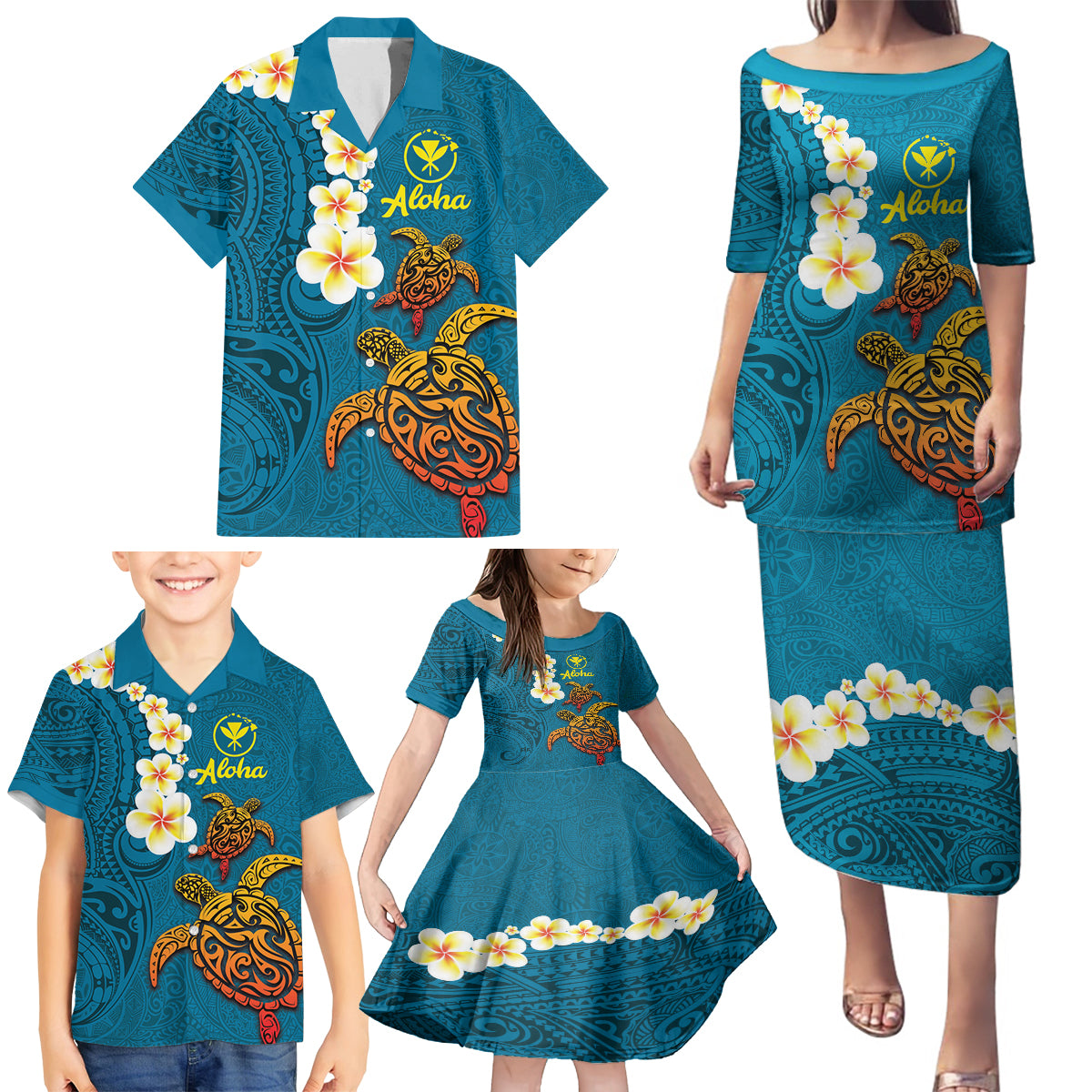 Hawaii Turtle Plumeria Flower Family Matching Puletasi and Hawaiian Shirt Polynesian Pattern Blue Color