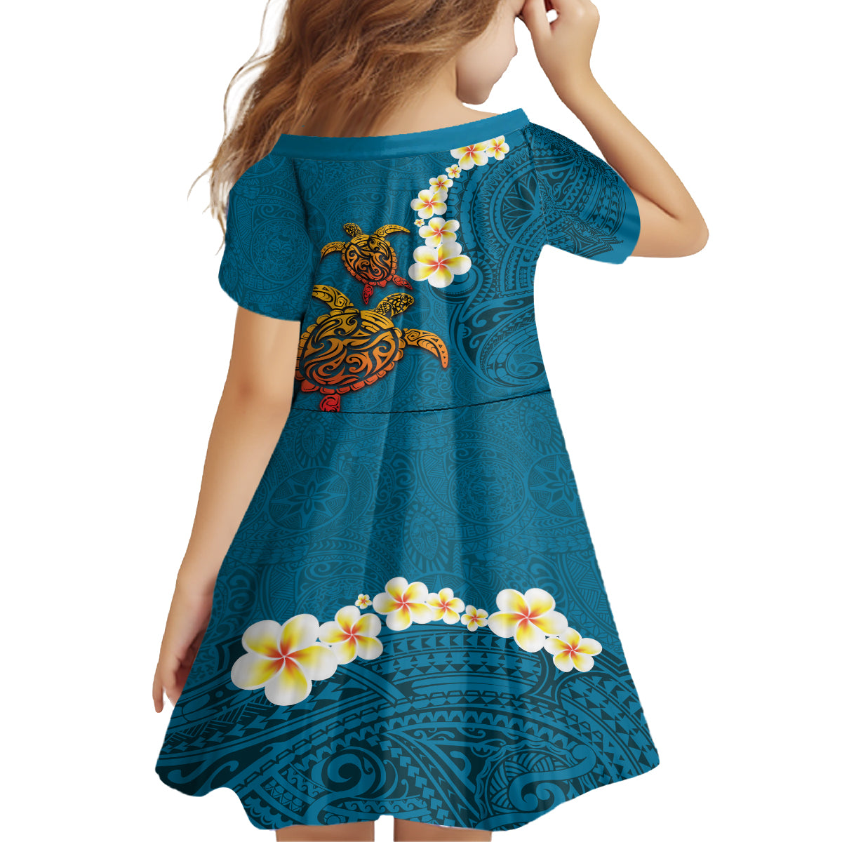 Hawaii Turtle Plumeria Flower Family Matching Summer Maxi Dress and Hawaiian Shirt Polynesian Pattern Blue Color LT03 - Polynesian Pride