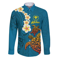 Hawaii Turtle Plumeria Flower Family Matching Summer Maxi Dress and Hawaiian Shirt Polynesian Pattern Blue Color LT03 Dad's Shirt - Long Sleeve Blue - Polynesian Pride